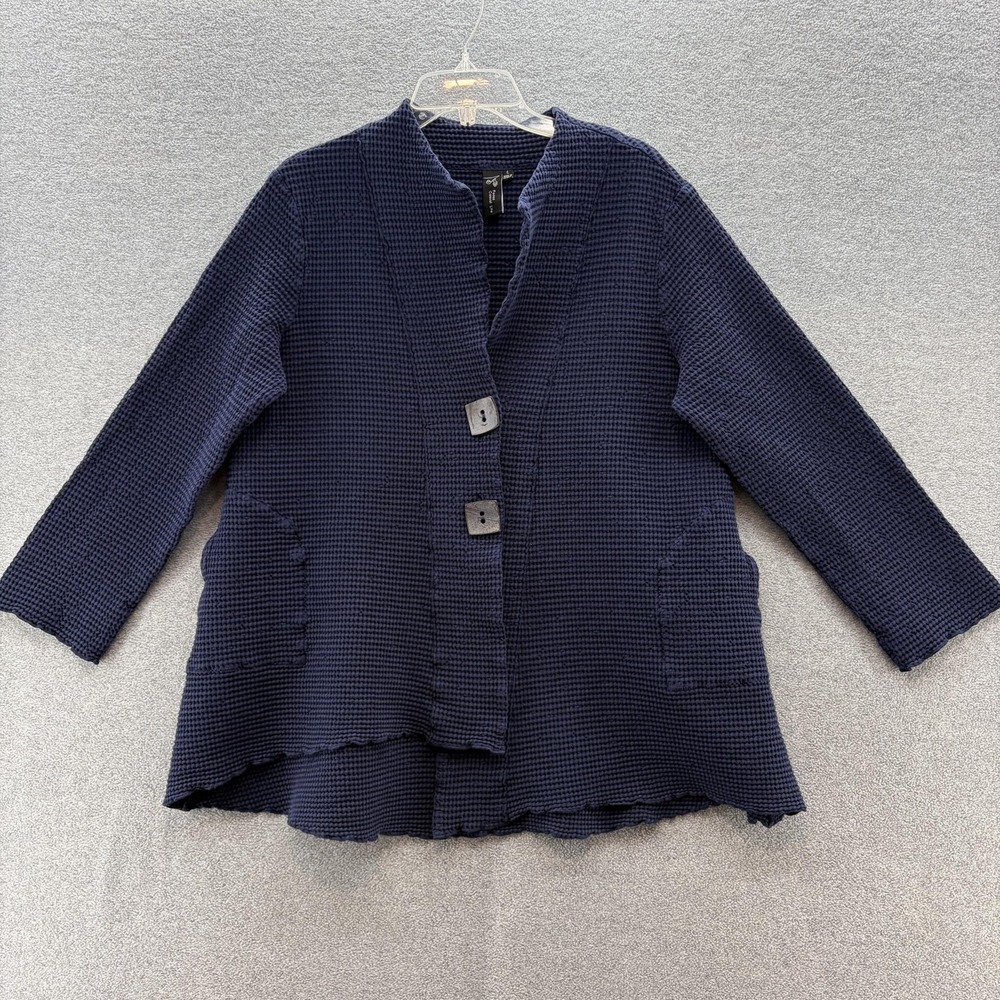 Focus Casual Life Jacket Womens Large Blue Waffle Knit Relaxed Lagenlook Pockets